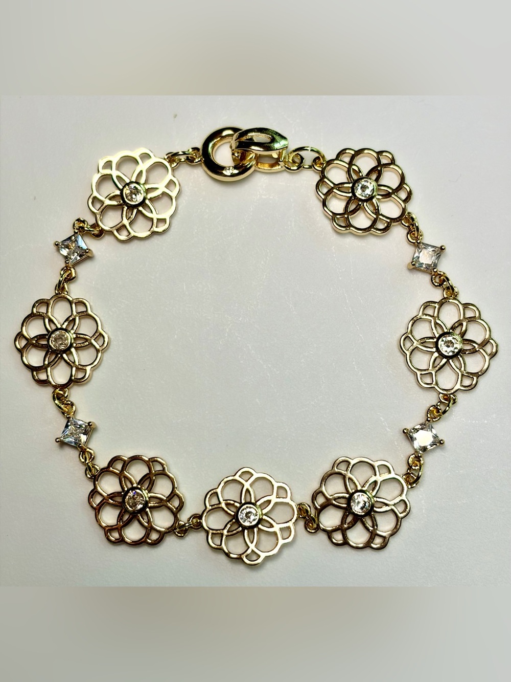 Real gold-plated filigree style flower link Bracelet.CZ bezel connectors.8 in